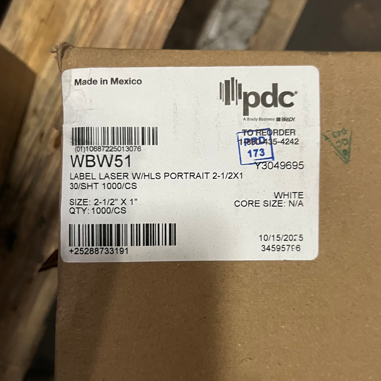 PDC (1000 Sheets - 30 Per Sheet) Label Laser W/HLS Portrait Sz 2-1/2" x 1", WBW51