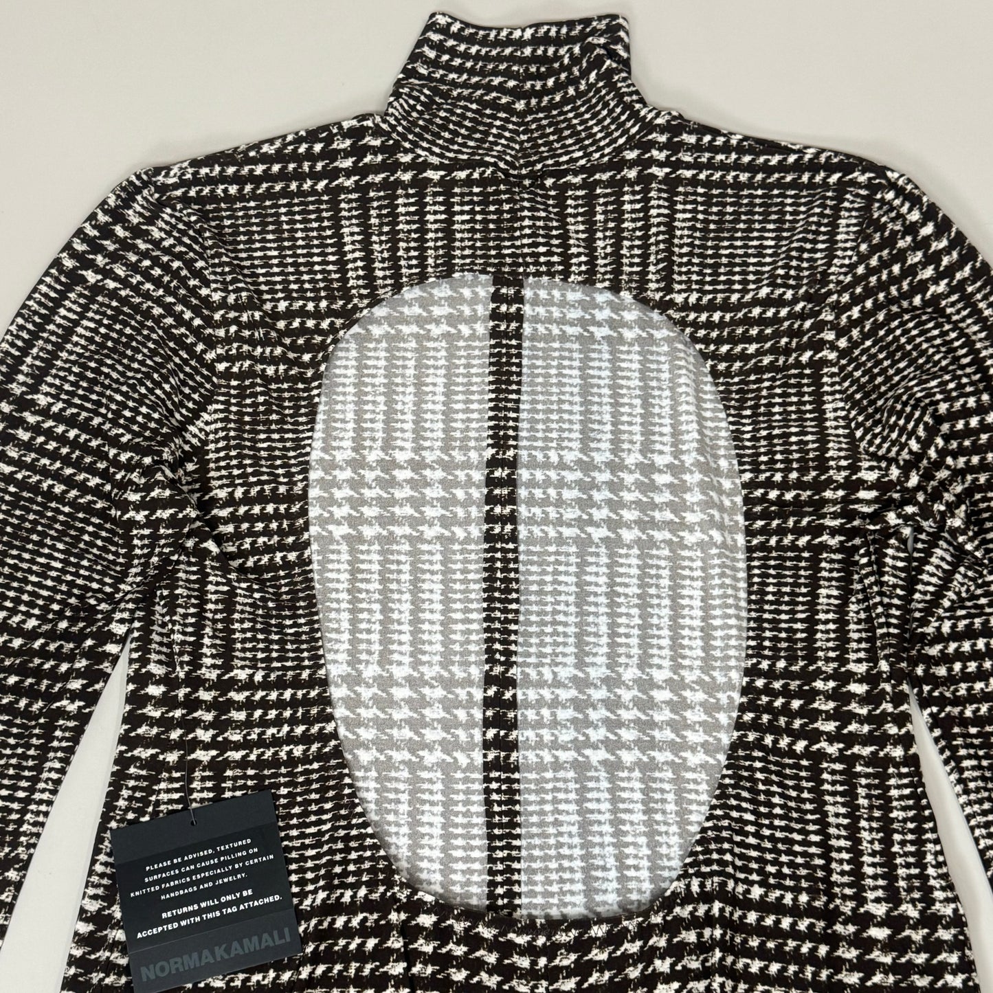 NORMA KAMALI Sleeve Open Back Catsuit Footsie Women's Sz XL/42 Chocolate Plaid