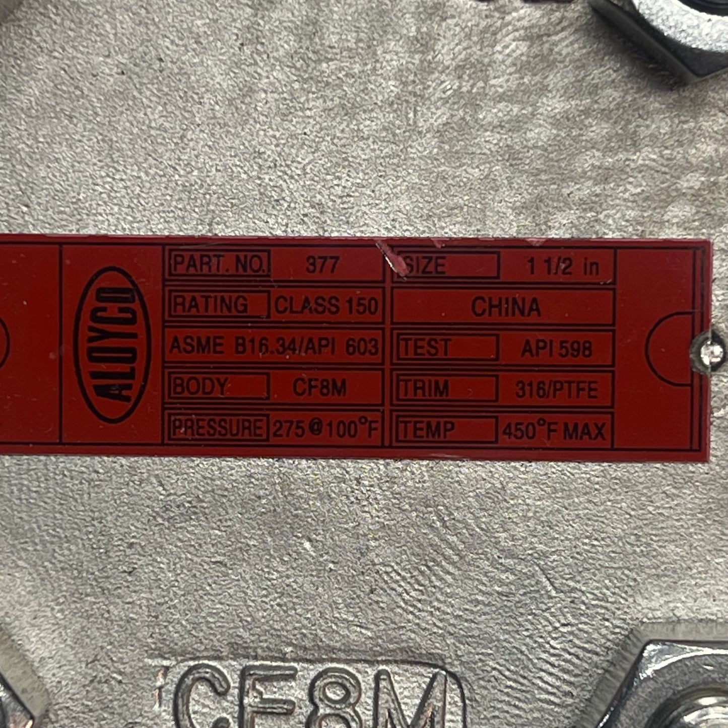 ALOYCO CF8M Swing Check Valve Class 150 316/PTFE Trim  1-1/2" Chrome 377