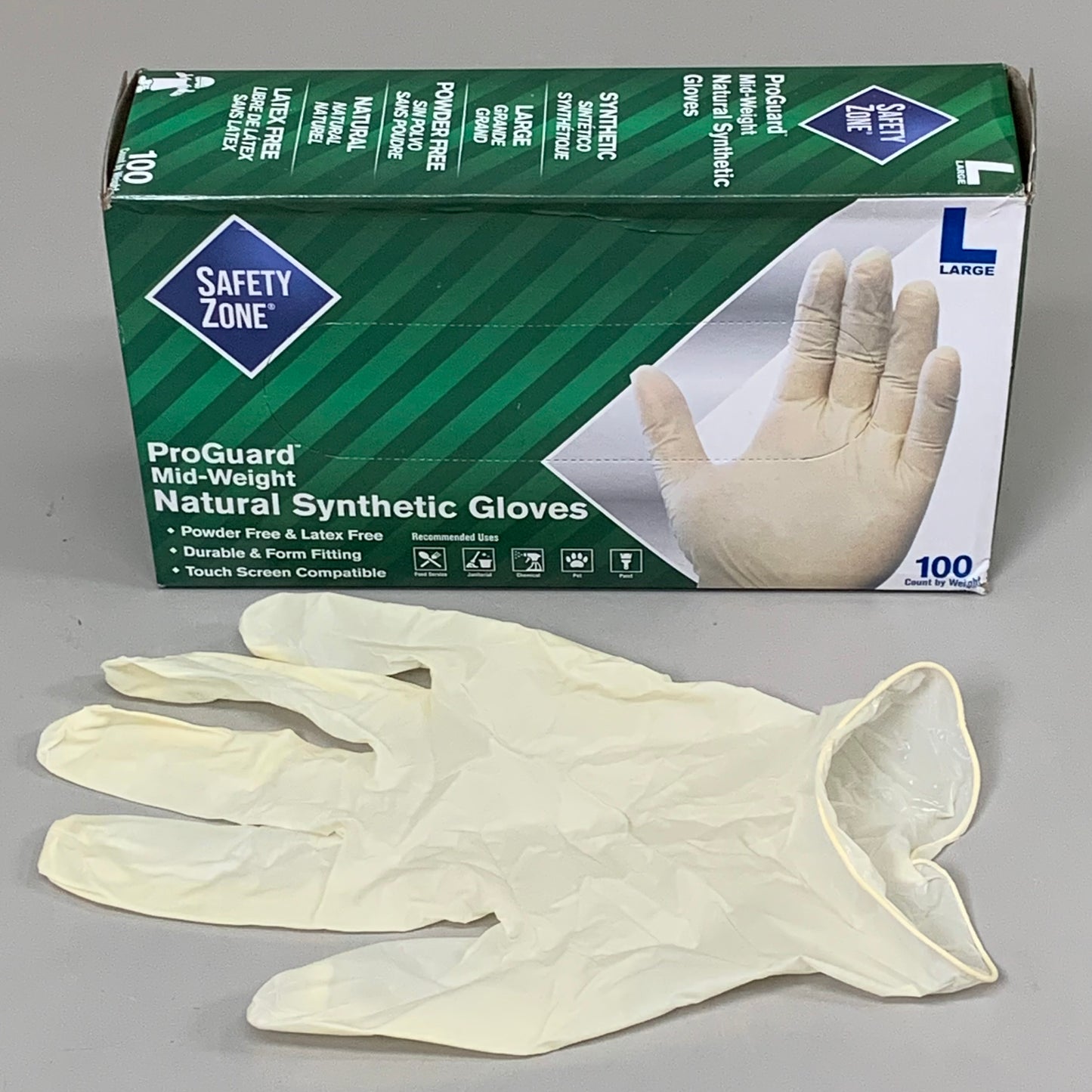 ZA@ SAFTY ZONE (10 BOXES, 1000 GLOVES TOTAL) Pro Guard Mid-Weight Natural Synthetic Gloves Sz L GVP9-LG-1-SY