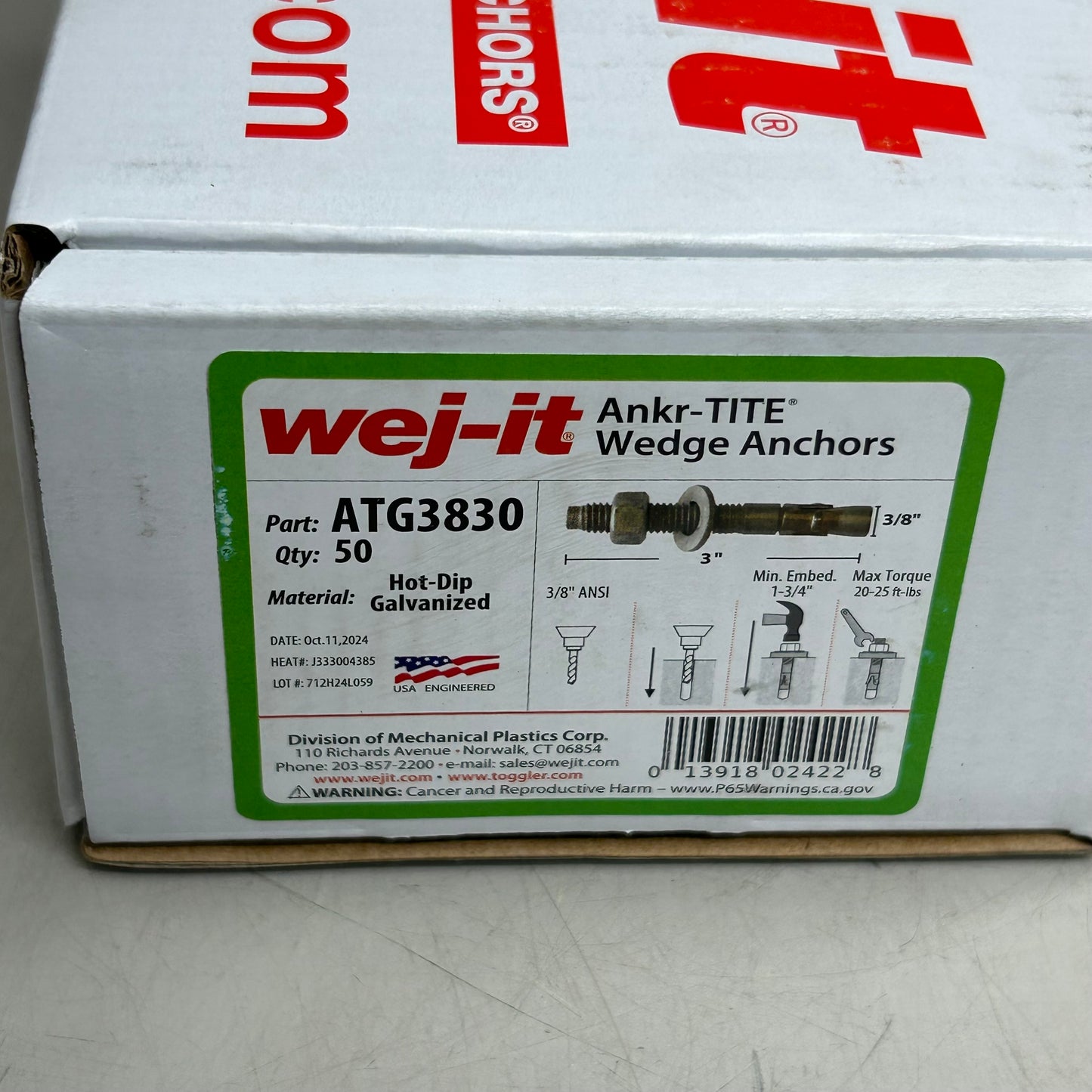 WEJ-IT (50 Per Box) Galvanized Steel Ankr-Tite Wedge Anchors 3/8"x3" Chrome ATG3830