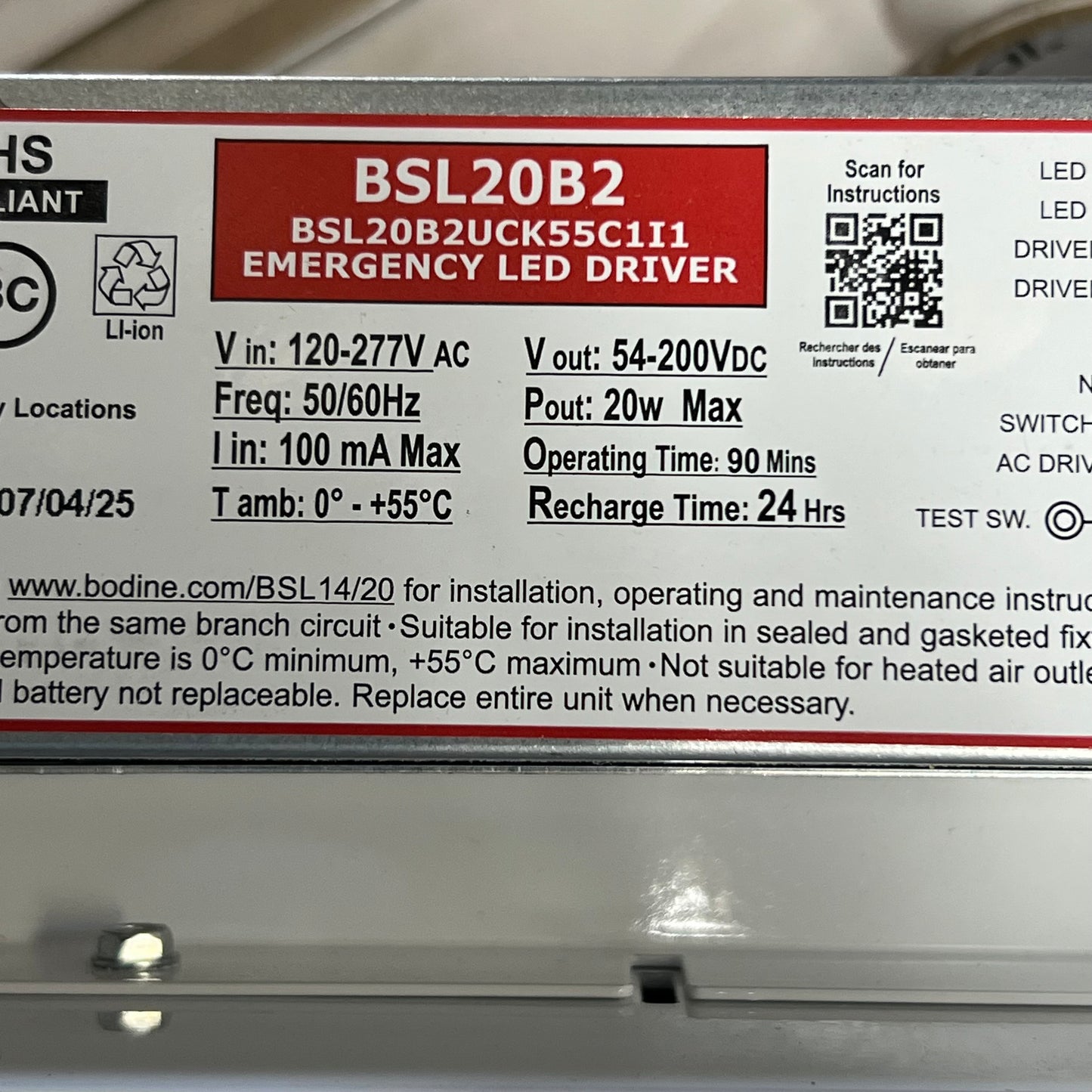 BODINE Emergency Led Driver 120/277V Freq 50/60Hz, BSL20B2