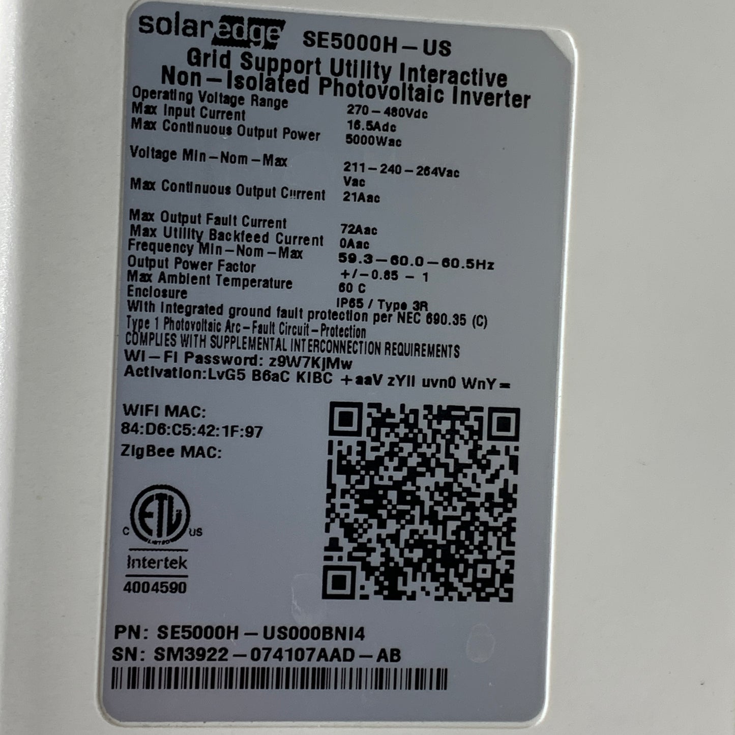 SOLAR EDGE SE5000H-US000BNI4 HD Wave SN SM3922-074107AAD-AB (AS-IS, Parts Only)