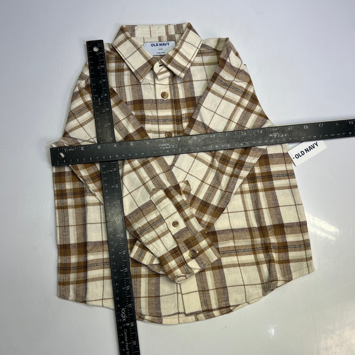 OLD NAVY Long-Sleeve Pocket Plaid Flannel Shirt Boy's Sz XS White/Burnt Orange