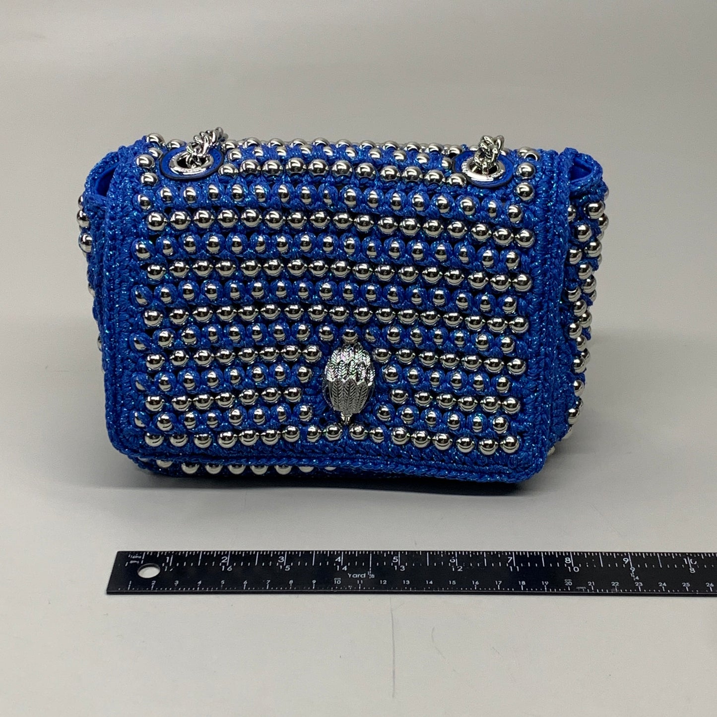 KURT GEIGER Kensington Fabric Crochet MD Stud  8" x 6" Mid Blue 5045654259522 New