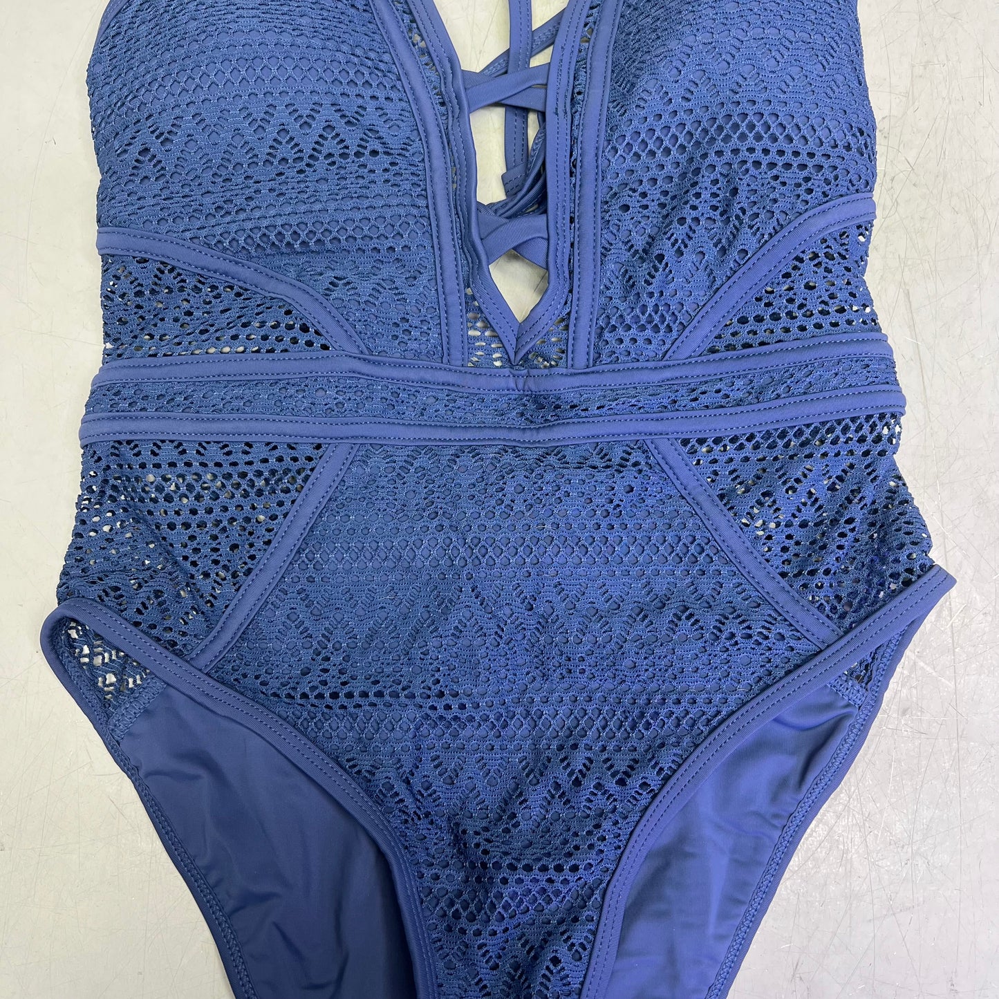 CHARMO Solid Cross Plunge Crochet One Piece Swimsuit Women's Sz S Blue
