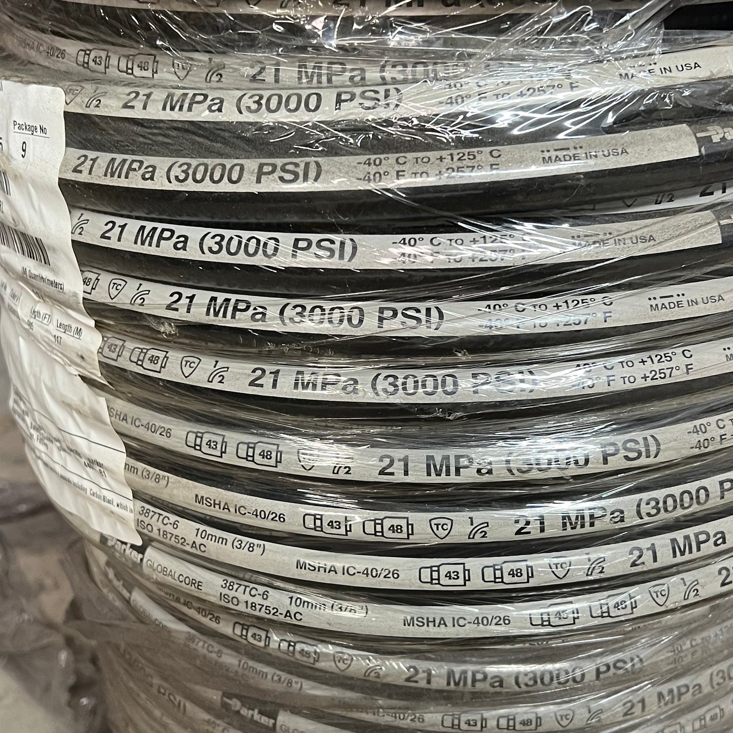 PARKER Global Core Hydraulic Hose 385' 3000 PSI 21 MPa Black 387TC-6-RL