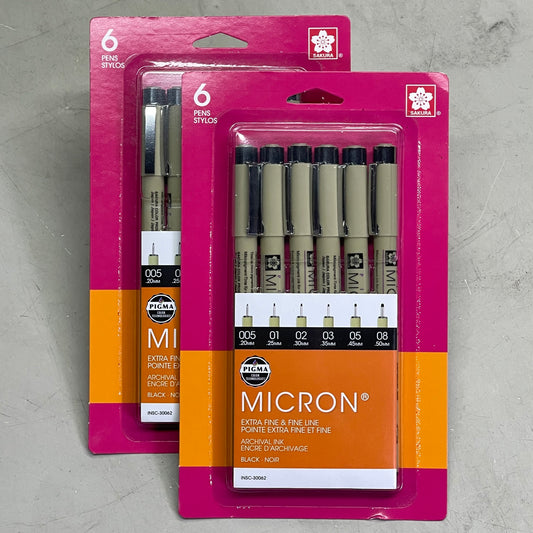 SAKURA (2-PACK) Pigma Micron Pens .2, .25, .3, .35, .45, & .5 mm Black 30062