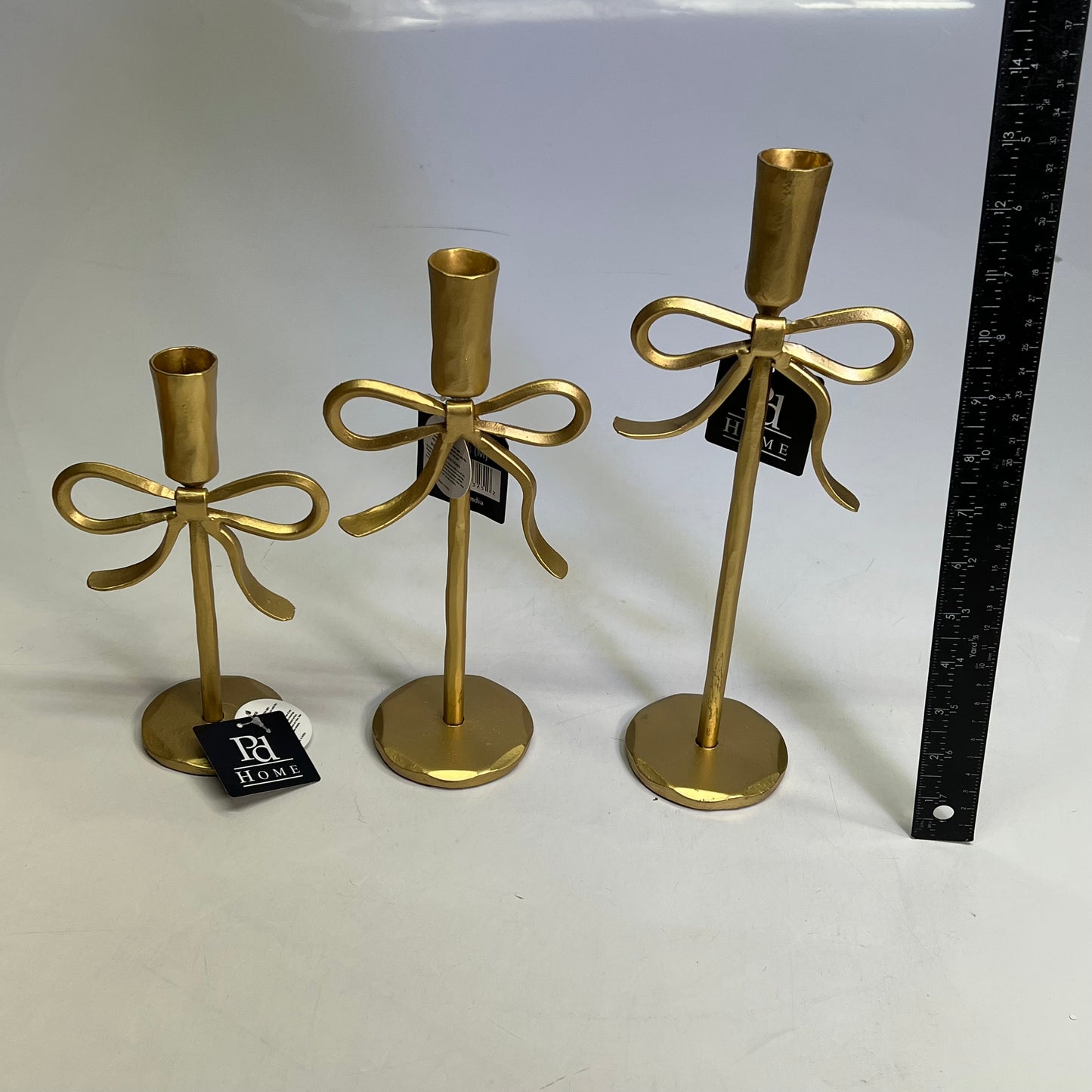 PD HOME (SET OF 3) Durable Iron Bow Candle Holders Assorted Sizes Gold 10947