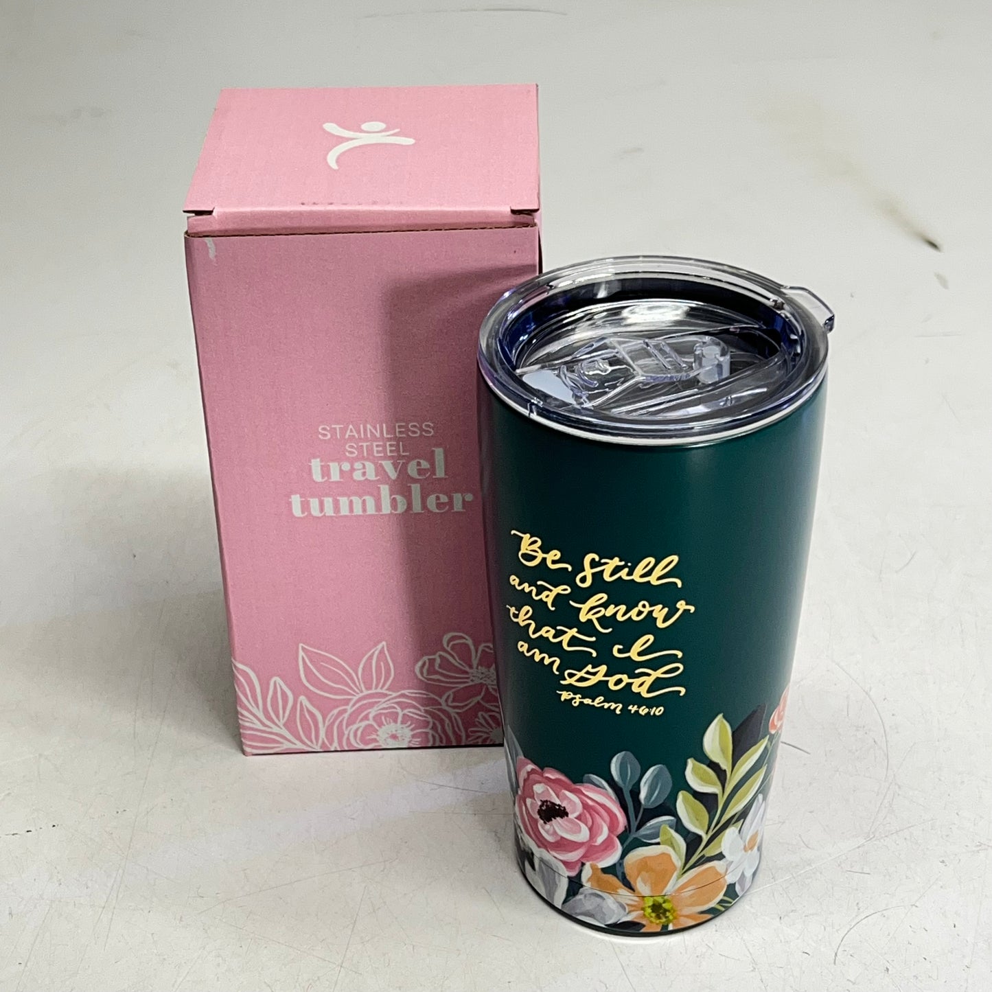 CHRISTIAN ART GIFTS Psalm 46:10 Floral Stainless Steel Travel Tumblr 18 Fl Oz