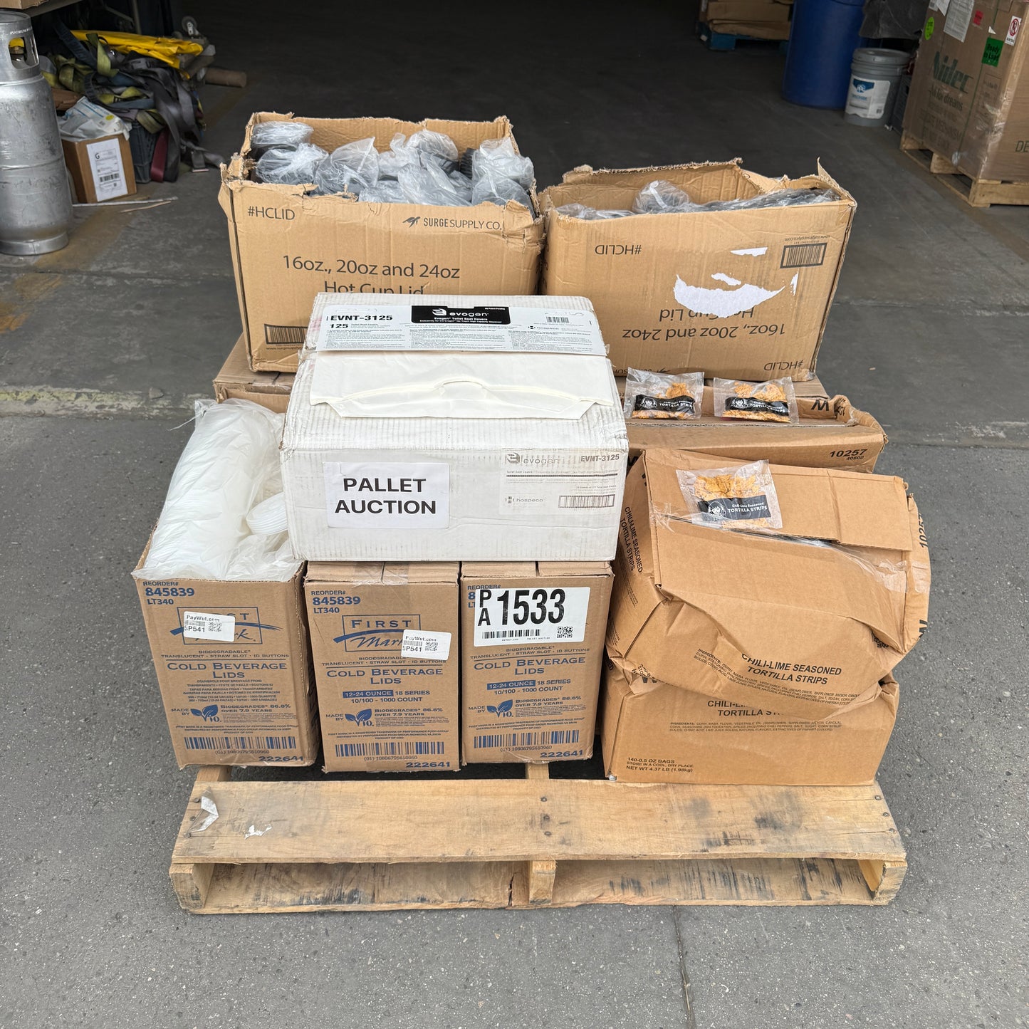 ZA@ Pallet of FIRST MARK Clear Lids, Black Hot Cup Lids, Tortilla Strips, & Toilet Seat Covers