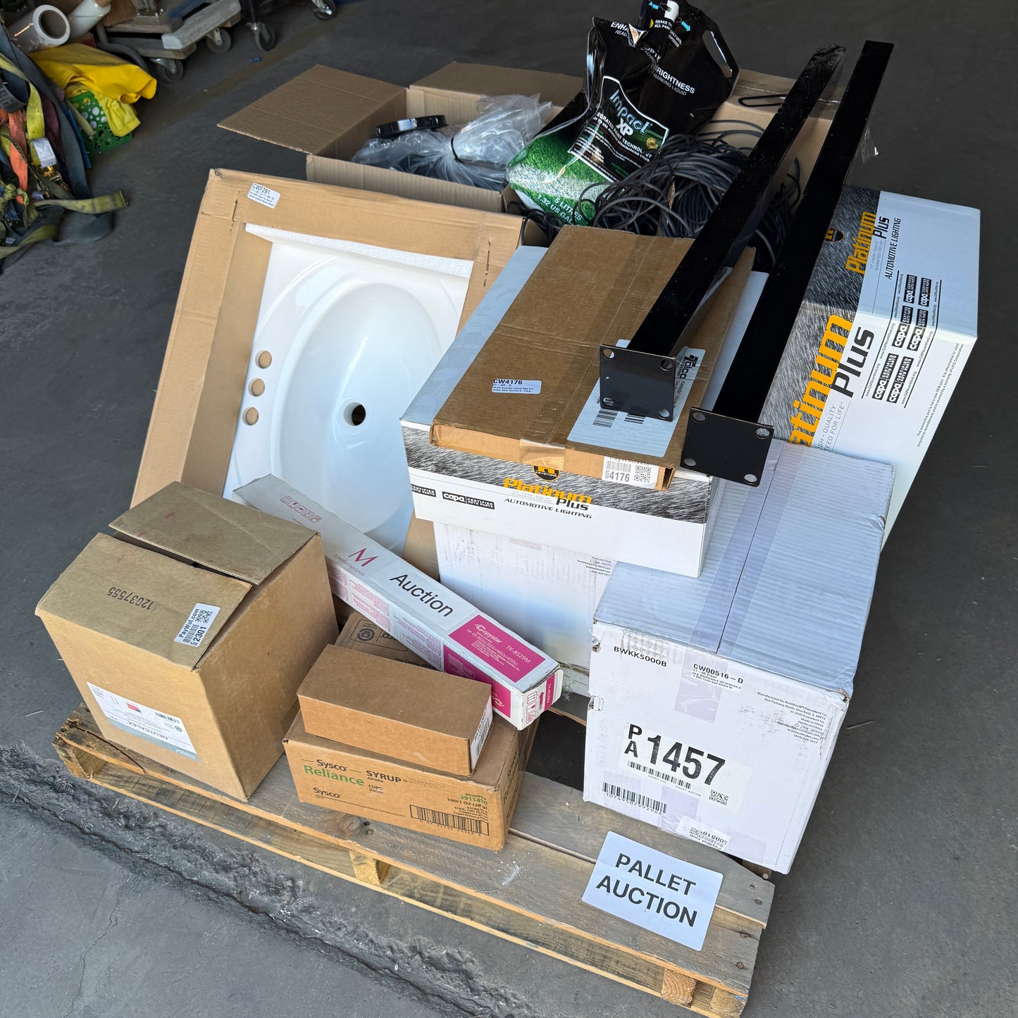 ZA@ Pallet of MIXED Rubber Trim, Currency Straps, Toilet Seat Covers, Automotive, Lighting, Honda Genuine Parts, Sink, Toner, Marking Paint,Syrup & MORE! (AS-IS)