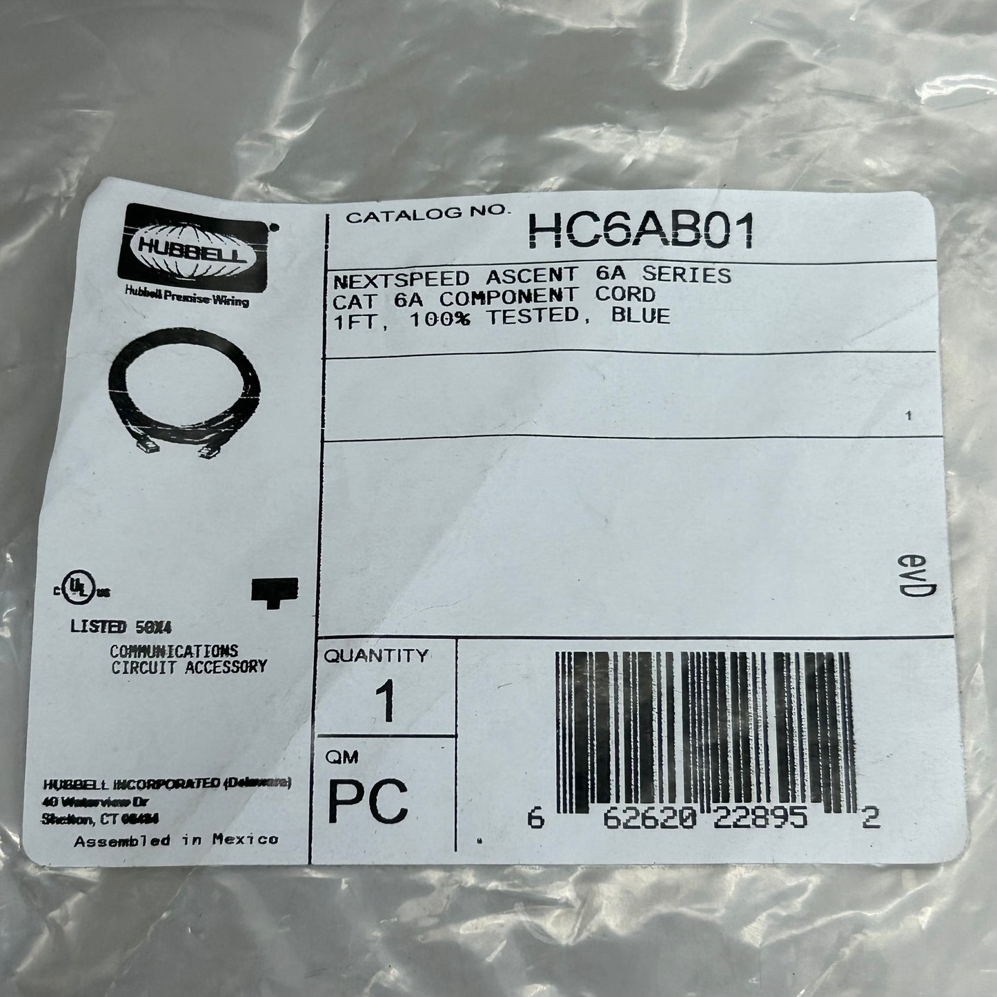 HUBBELL PREMISE (5 Pack) Copper Solutions Ascent Patch Cord Cat 6A 1' Length Blue HC6AB01