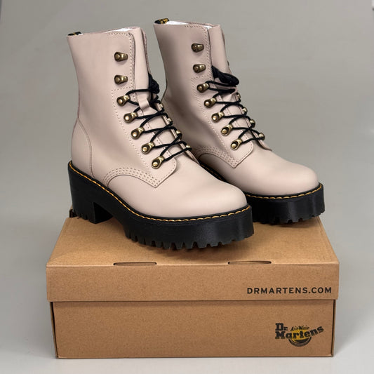 DR MARTENS Leona Sendal 8 Eye Lace Up Leather Heeled Boots W SZ 9 Vintage Taupe