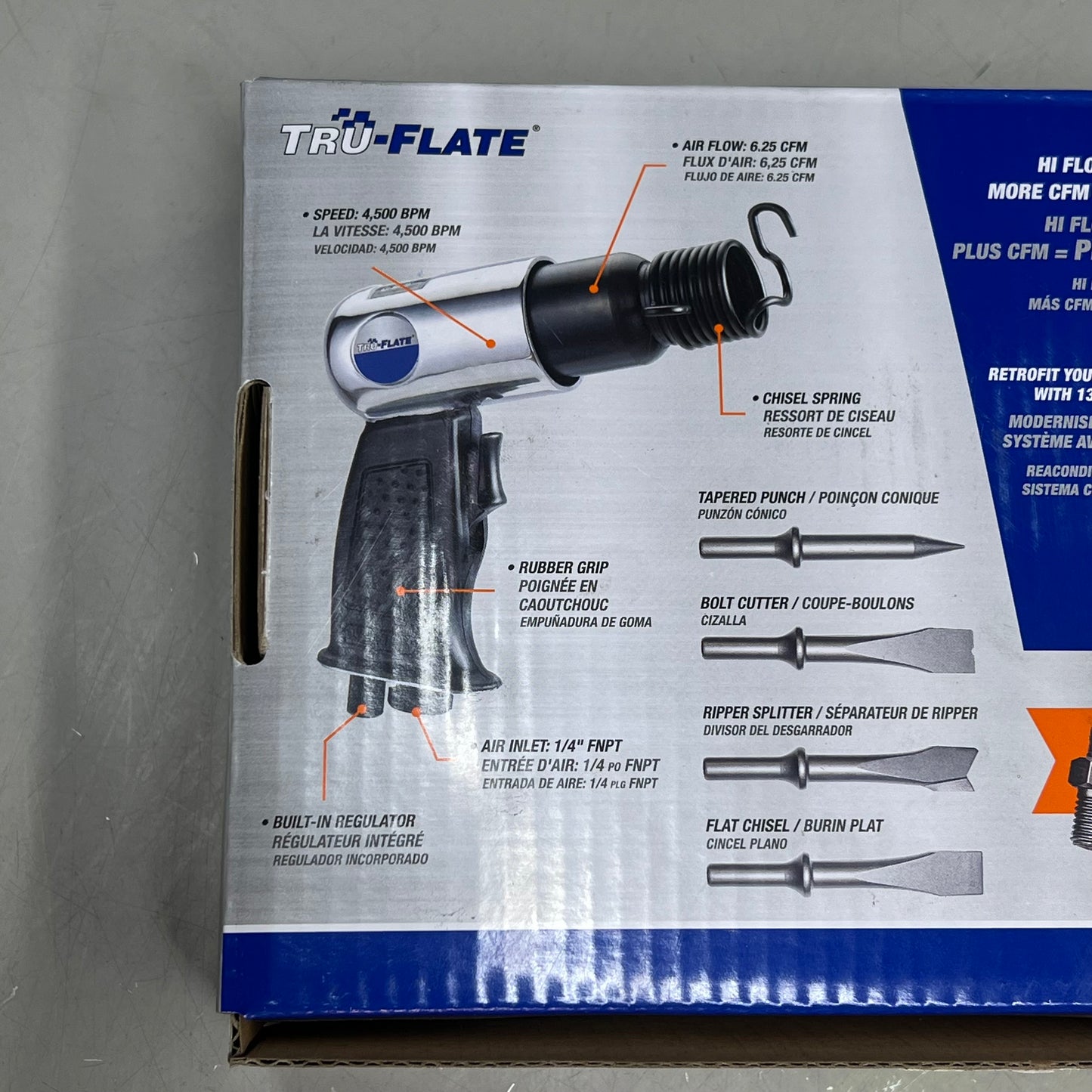 TRU-FLATE Air Chisel Hammer Hi FLO W/ 4 Chisels 4500 BPM 90 Psi 1/4" 25-560