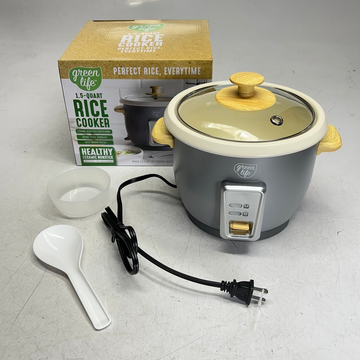 GREEN LIFE One Touch Design Rice Cooker  6-Cup Grey/Faux Wood CC008703-003