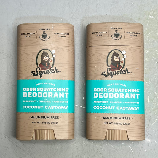 DR SQUATCH (2 PACK) Natural Deodorant For Men Coconut Castaway Scent 2.65 Oz