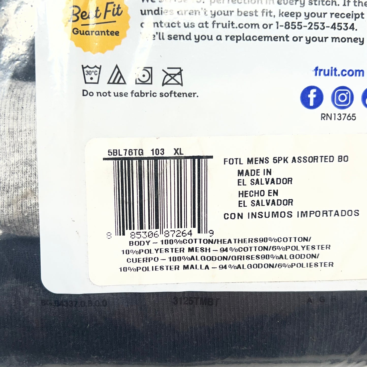 ZA@ FRUIT OF THE LOOM (5 PACK) Eversoft Breathable Fabric Boxer Breifs Men's Sz XL Grey/Black 5BL76TG