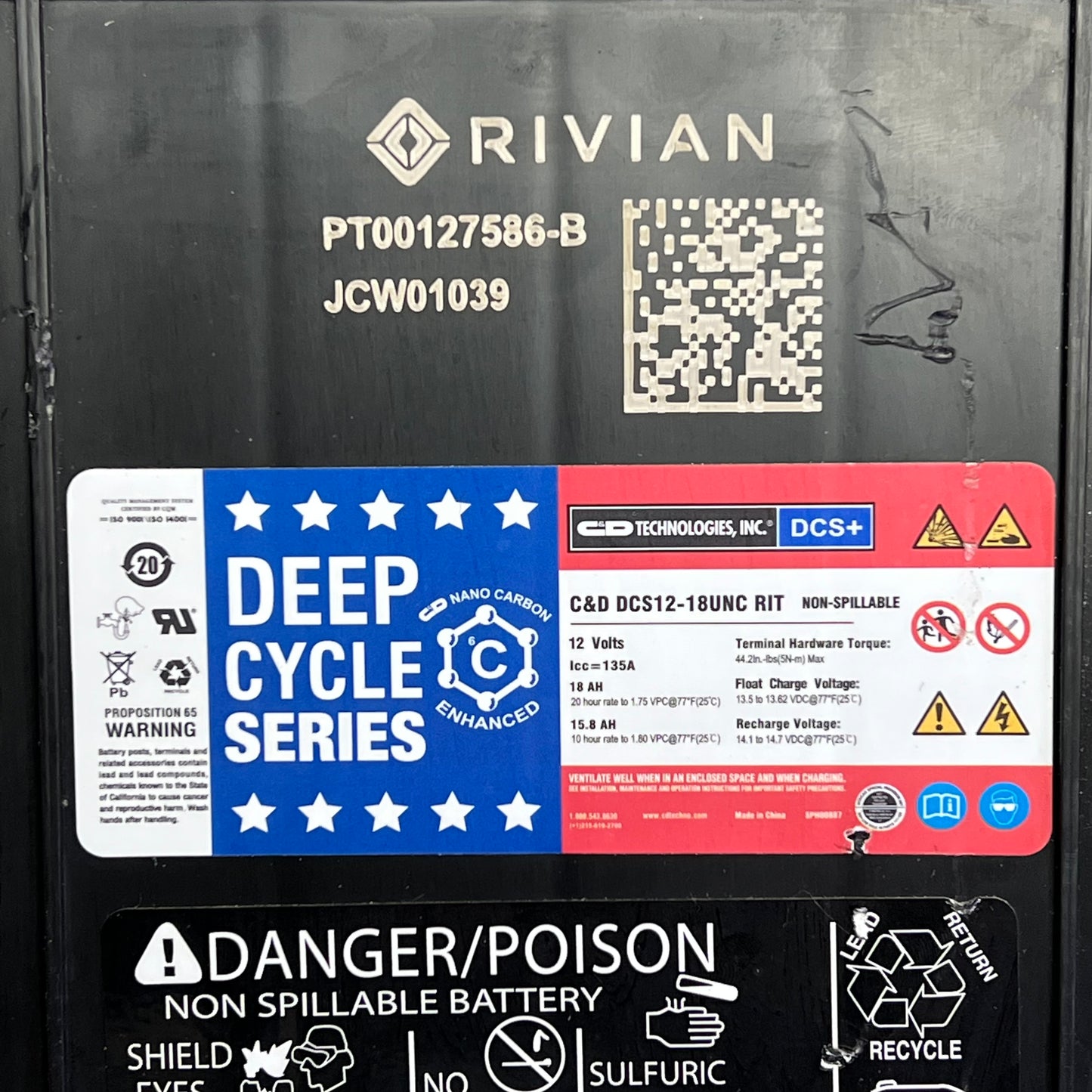 RIVIAN Deep Cycle Series Battery 2022-2023 12V 18 AH 15.8 AH Black PT00127586-B