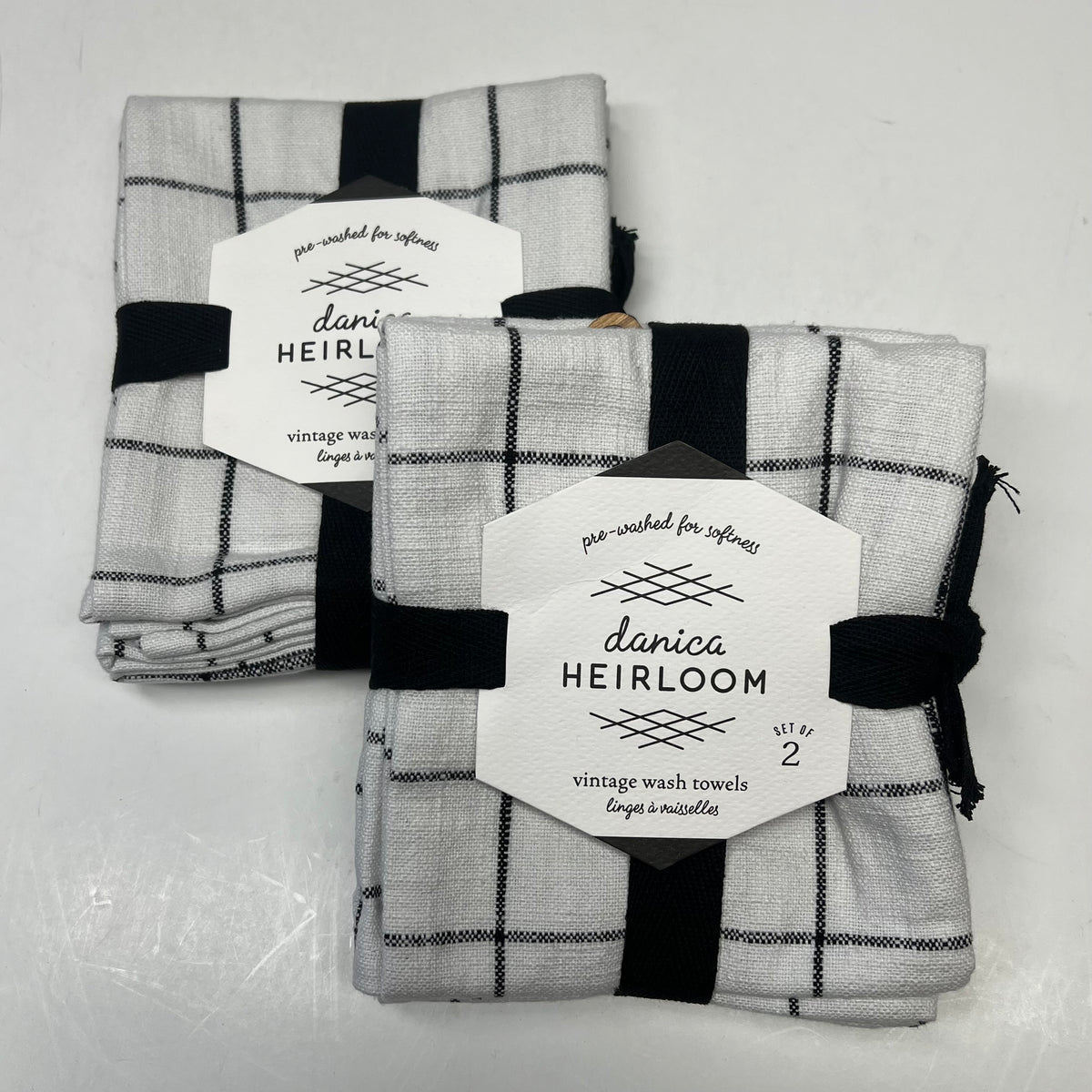 DANICA HEIRLOOM (2 PACK, 2 EACH) Vintage Wash Towels Pre-Washed White/Black