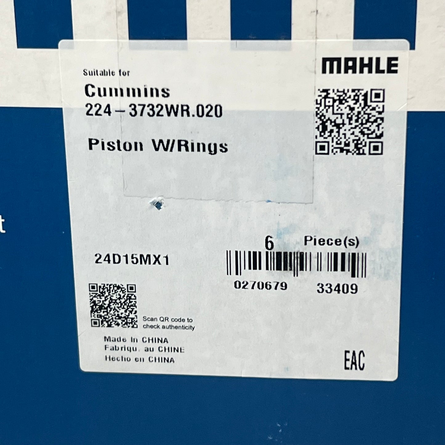 MAHLE Piston W/Rings For Cummins 224-3732WE.020