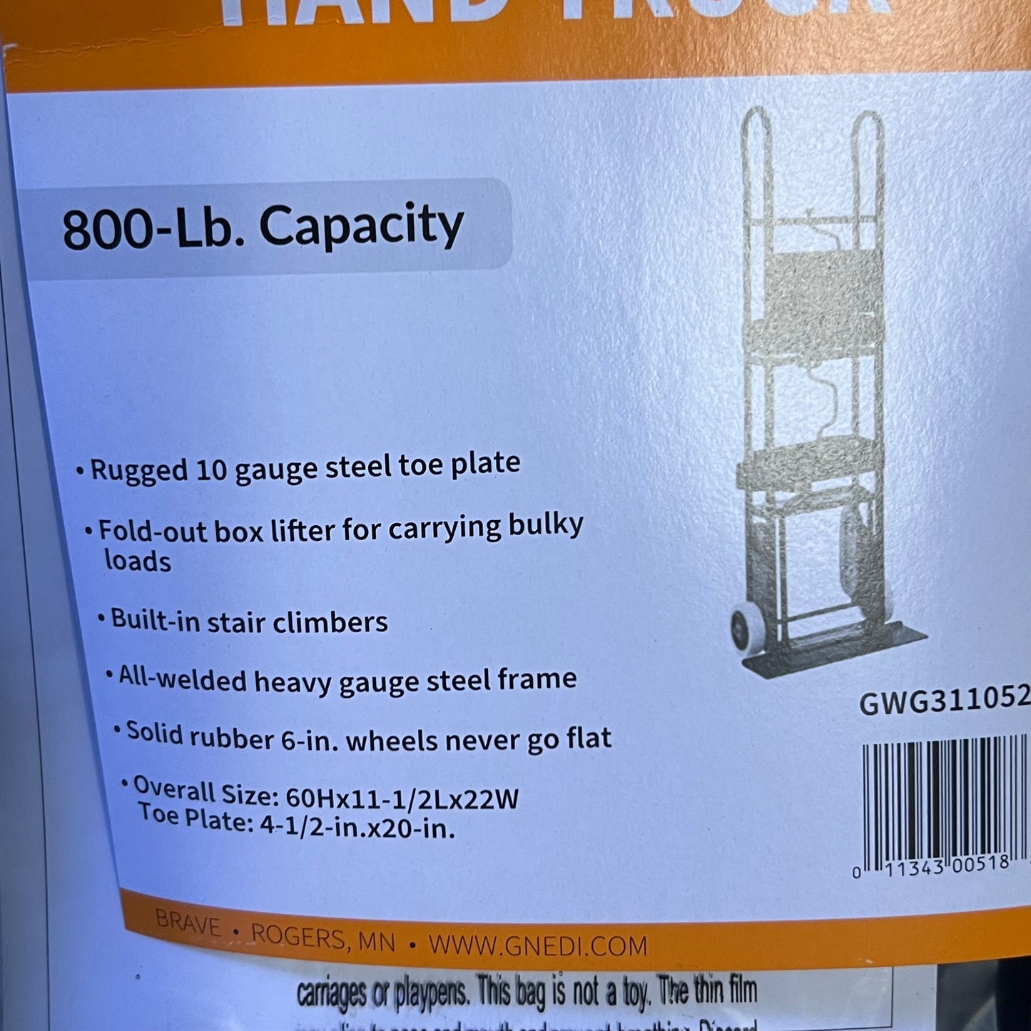 BRAVE Hand Truck 800 Lb. Sz 16"W x 6"L x 59"H Black GWG311052
