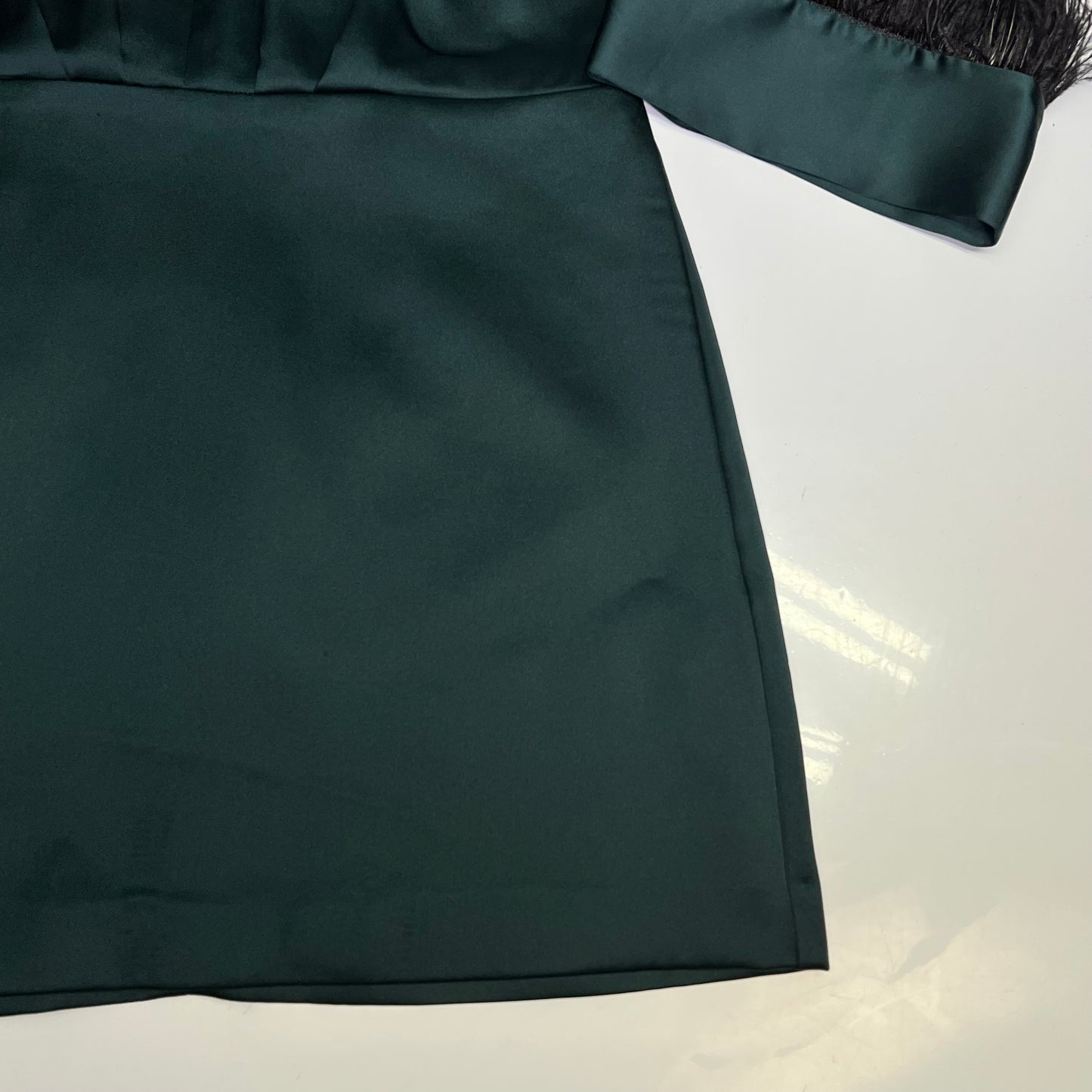 ZARA Open Back Feather Satin Effect Short Dress Women's Sz XS Dark Green/Black