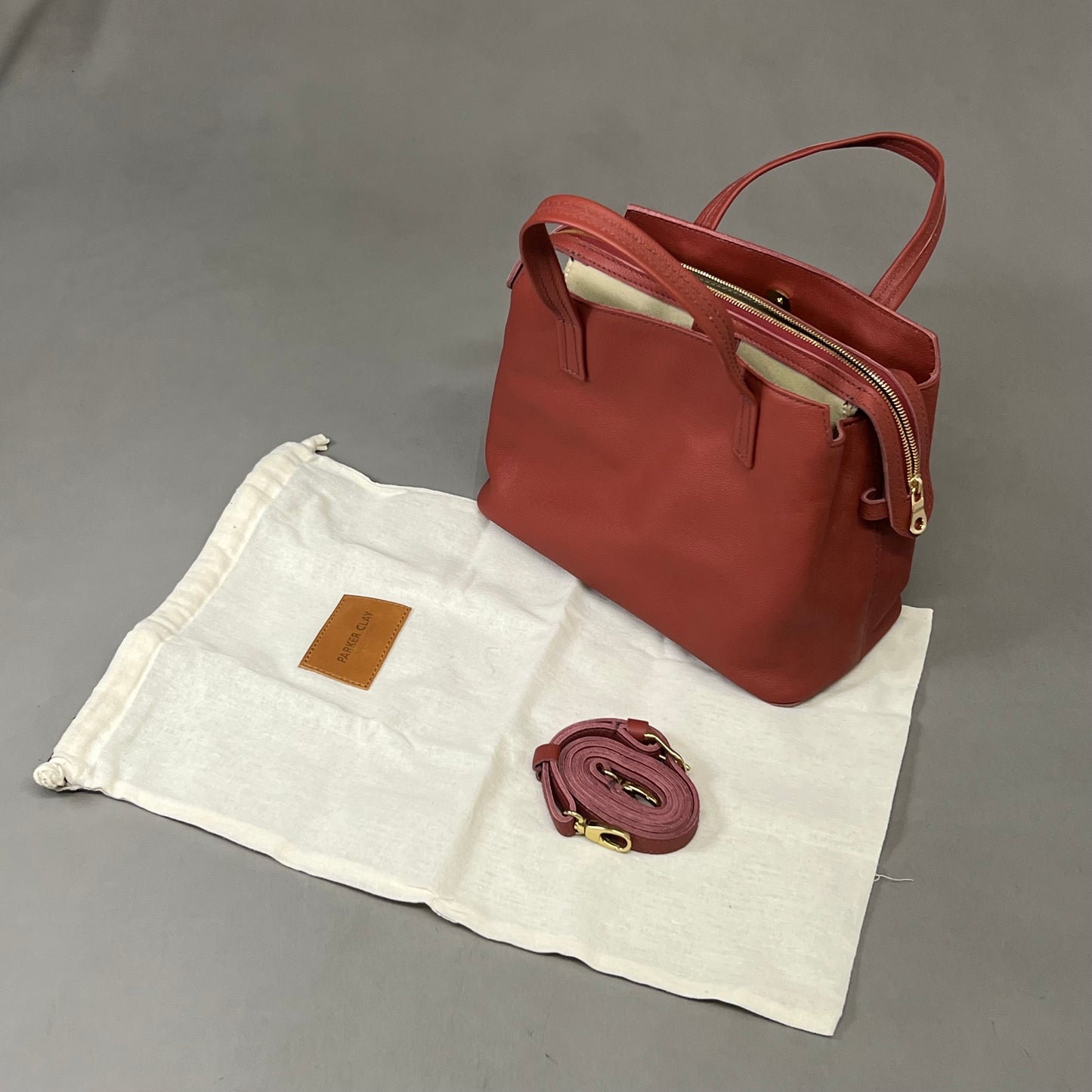 PARKER CLAY Limited Edition Napa Handbag W/ Removable Strap 12"x9"x6", 5" Handle Drop Wine Red