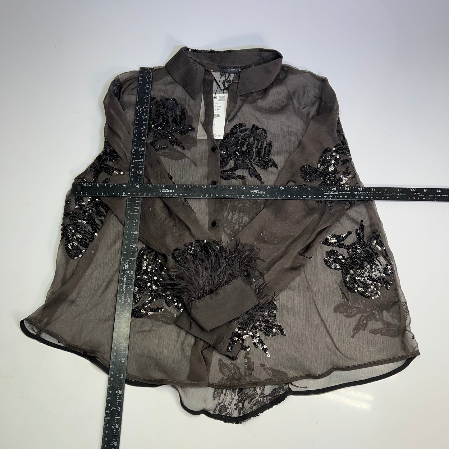 ZARA Button Up Semi-Sheer Sequin Feather Blouse Women's Sz XL Black/Brown