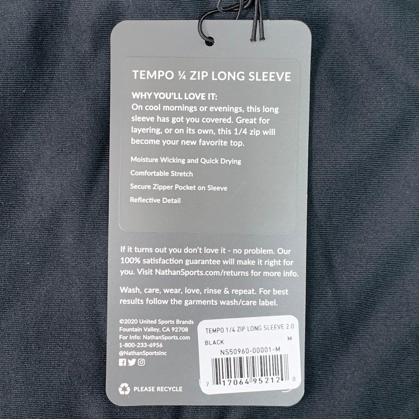NATHAN Tempo 1/4 Zip Long Sleeve Shirt 2.0 Men's Medium Black NS50960-00001-M (New)