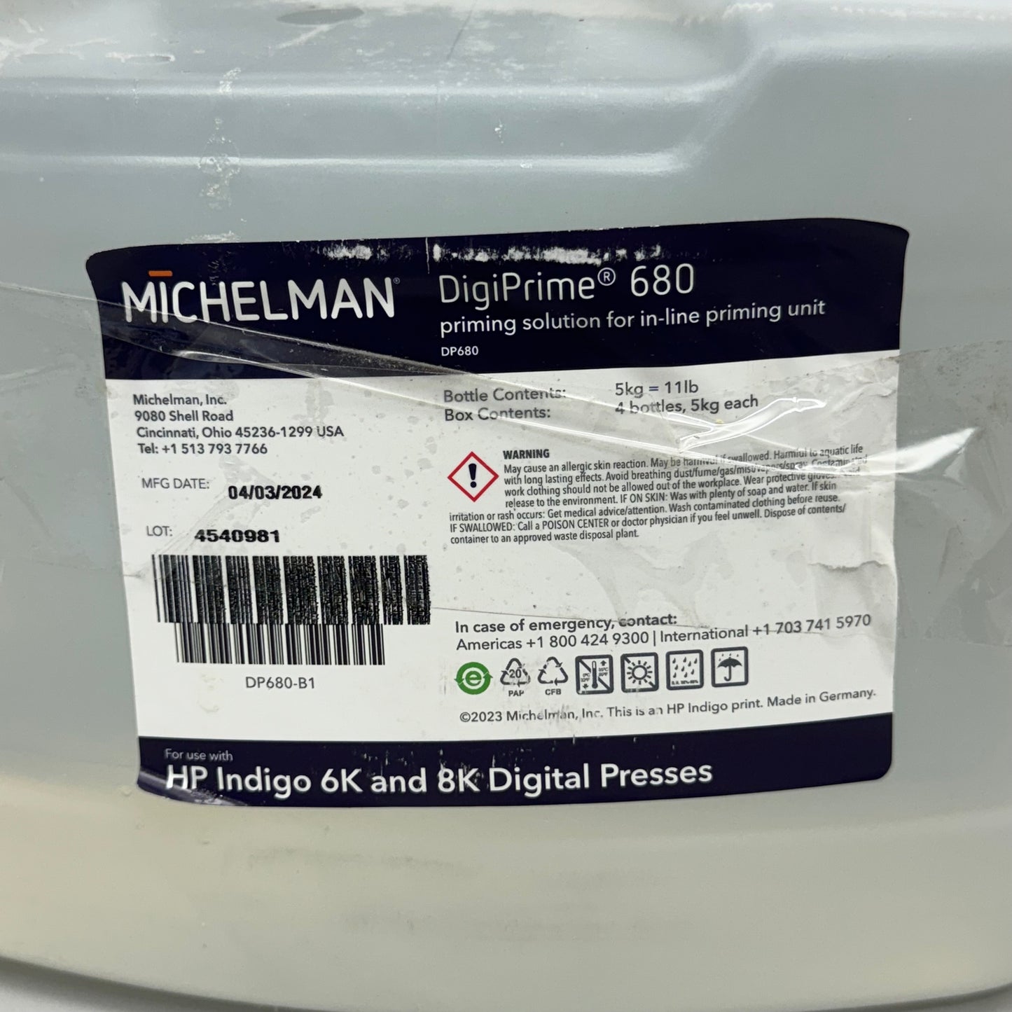 MICHELMAN DigiPrime 680 HP 6K and 8K 9 1/2”Hx8”Lx5”W White Bottle