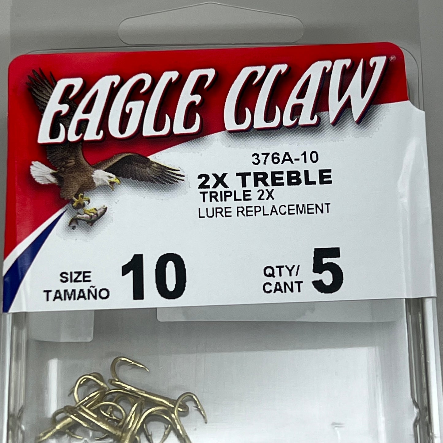 EAGLE CLAW (5 PACK) Curved Point 2X Treble Hook Lure Repla Gold #10 5pc 376A-10