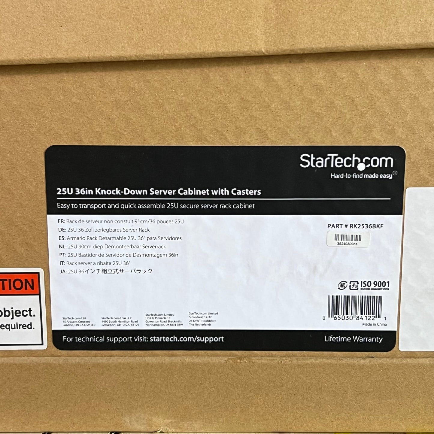 STARTECH 25U 36" Knock-Down Server Rack Cabinet With Casters Black RK2536BKF-REVSW