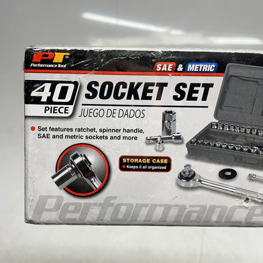 PERFORMANCE TOOL (40 PIECE) Socket Set W/ Ratchet 1/4" & 3/8" Grey/Chrome W1173