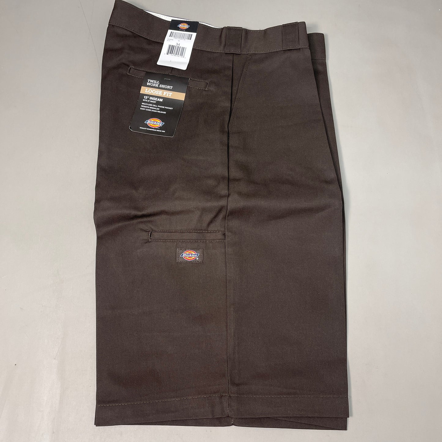 DICKIES Loose Fit Twill Work Shorts 13" Inseam Men's Sz 34 Dark Brown 42283DB