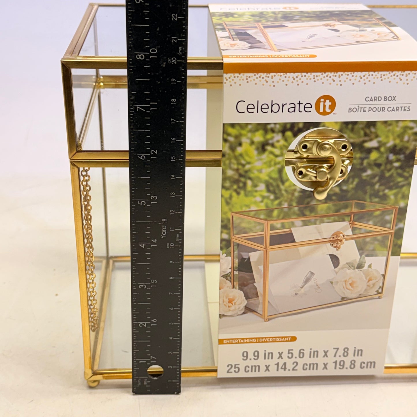 CELEBRATE IT Gold Metal & Glass Card Box Special Occasions 9.9 X 5.6 X 7.8 In 750311