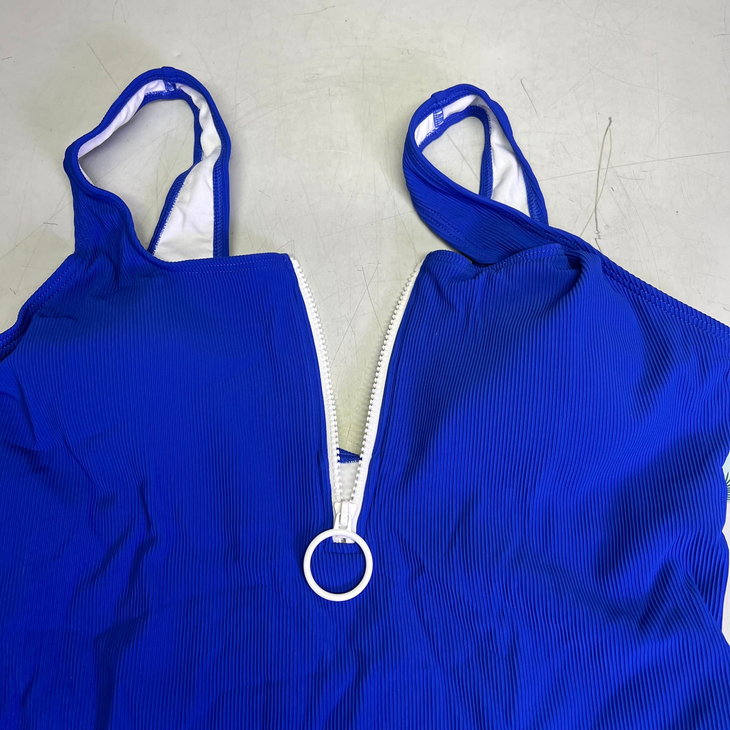 CHARMO Square Neck Half Zip One Piece Swimsuit Women's Sz L Bright Blue/White