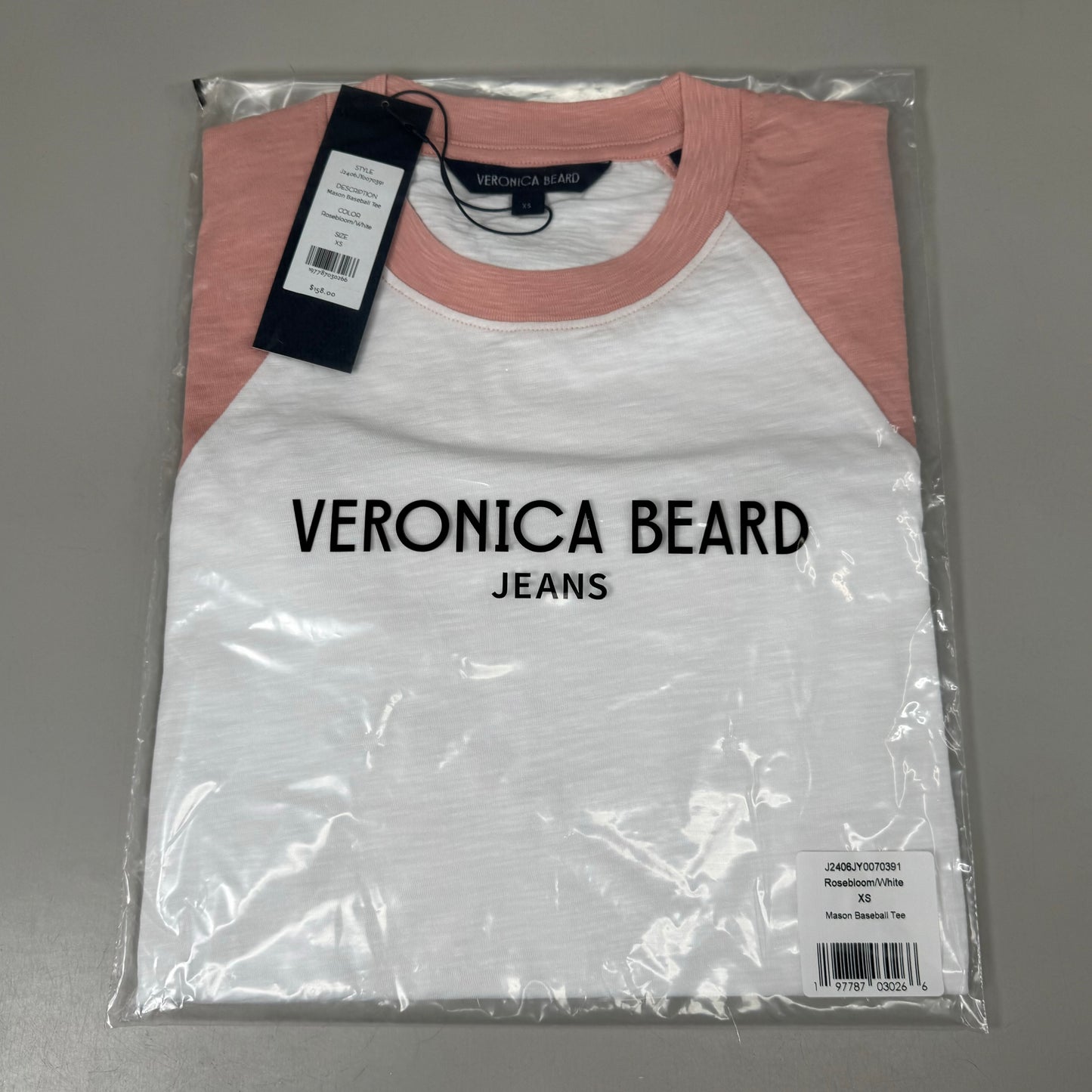 VERONICA BEARD Jeans Women's Mason Baseball Tee Sz-XS Rosebloom/White