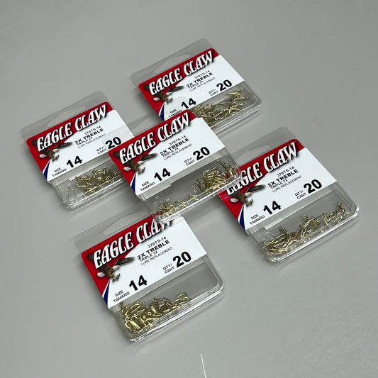 EAGLE CLAW (5 PACK) 2X Treble Hook Triple 2X Lure Repla Gold #14 20pc 376TS-14