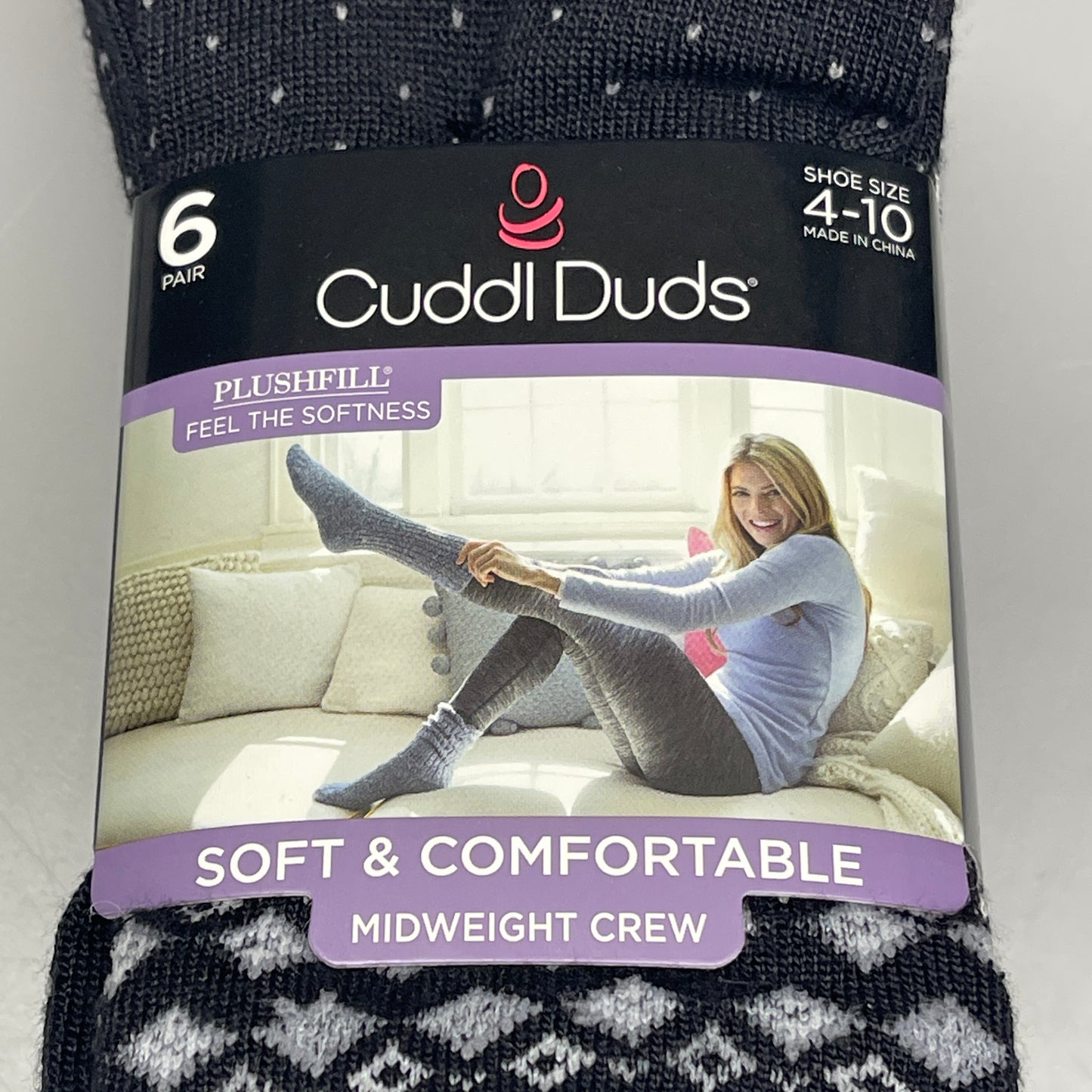 CUDDLE DUDS Super Soft Midweight Crew Socks 6 Pair Black Sz 4-10 (New)