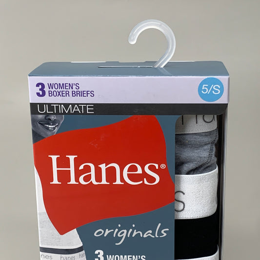 HANES 3 PACK!! Originals Women's Breathable Cotton Boxer Briefs Underwear Sz S Black/Heather/Stripe 45OUBB