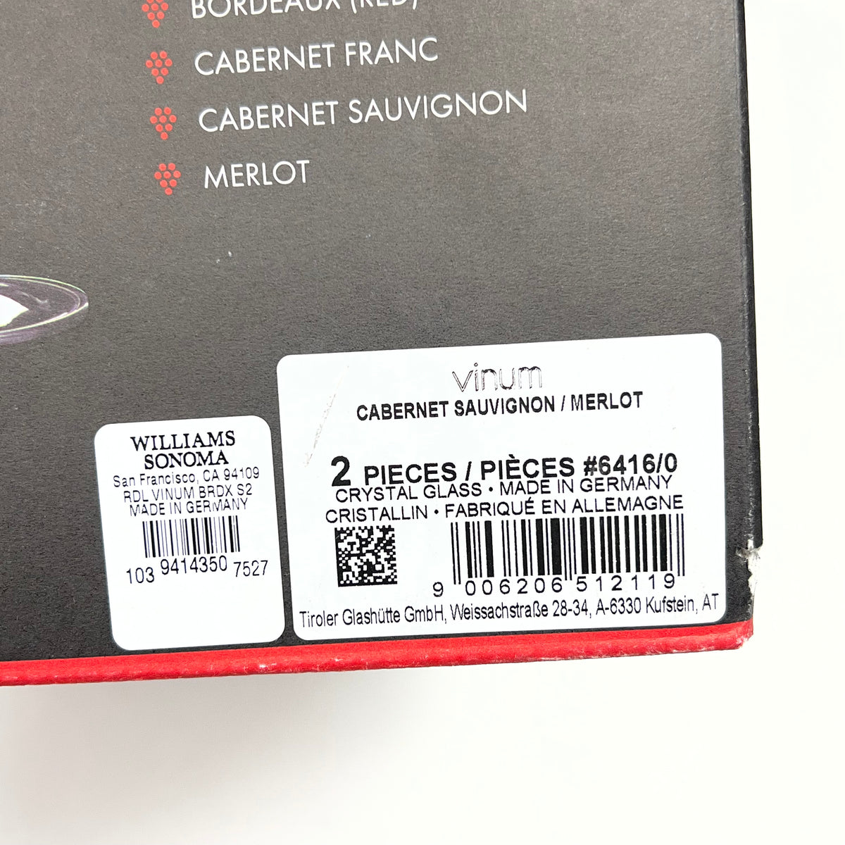 RIEDEL (SET OF 2) Crystal Glass Cabernet Sauvignon/merlot   9" Tall 19685229