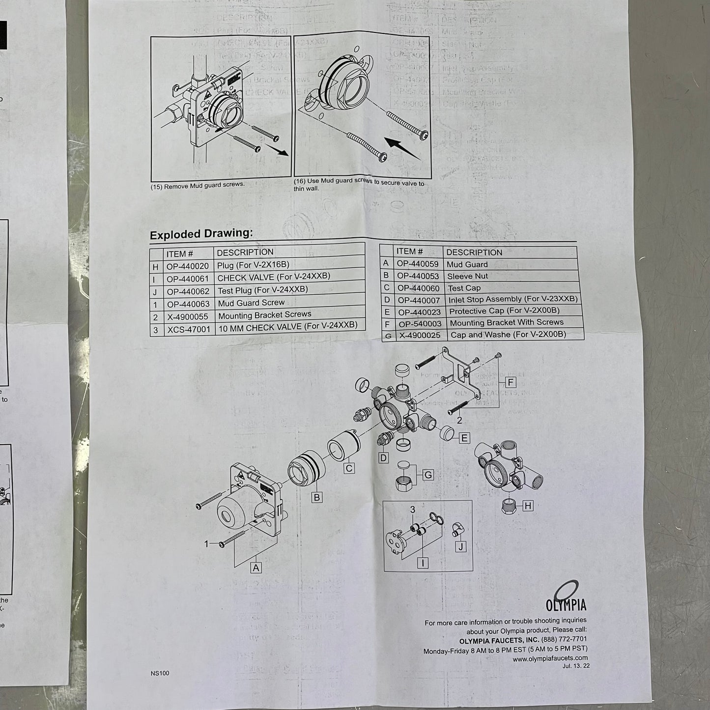 OLYMPIA Single Handle Tub/Shower Pressure Balancing Valve (With Shower Handle) V-2300B
