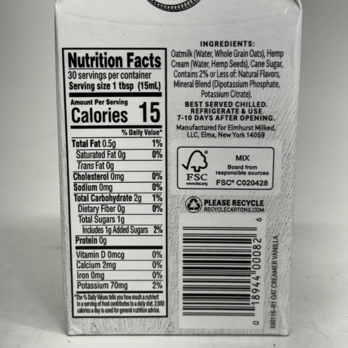 ELMHURST (6 PACK) Elmhurst Vanilla Oat Creamer 16 fl oz. BB 10/26