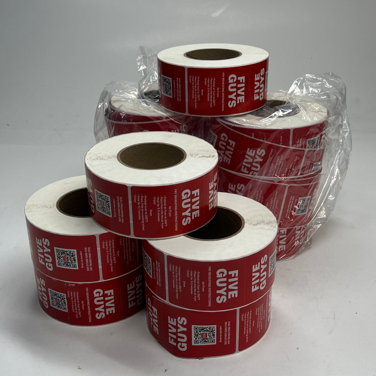 ZA@ FIVE GUYS (12 PACK) Roll of Fry Reheating Instructions Stickers for to Go Bags  Red