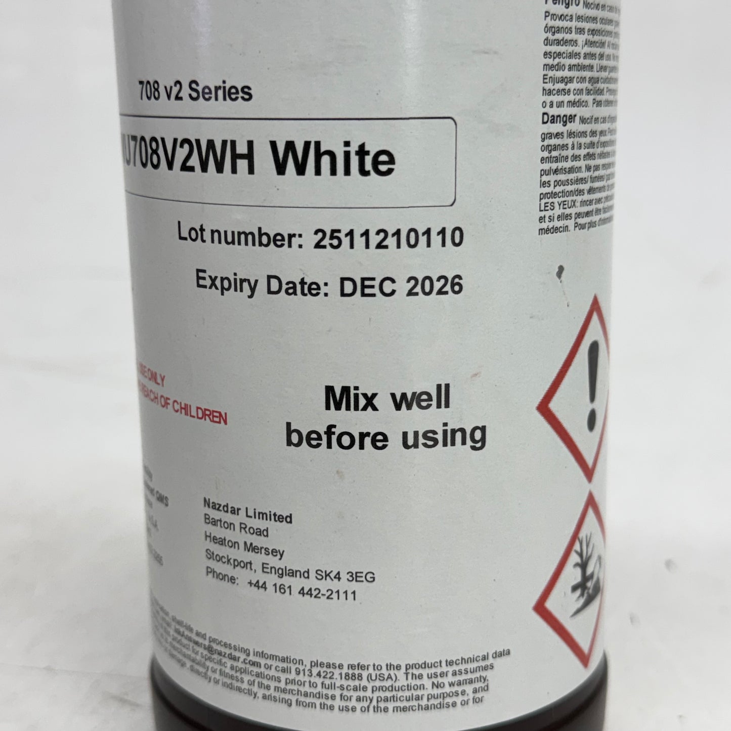 NAZDAR UV-Led White Ink 1 Lt Mimaki Lus170 Compatible 708 V2 SERIES BB 12/26