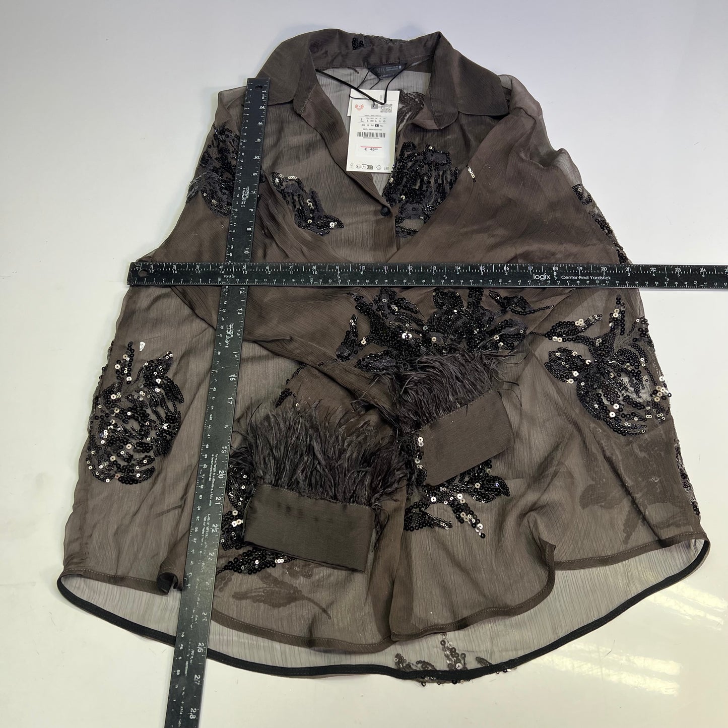 ZARA Button Up Semi-Sheer Sequin Feather Blouse Women's Sz L Black/Brown