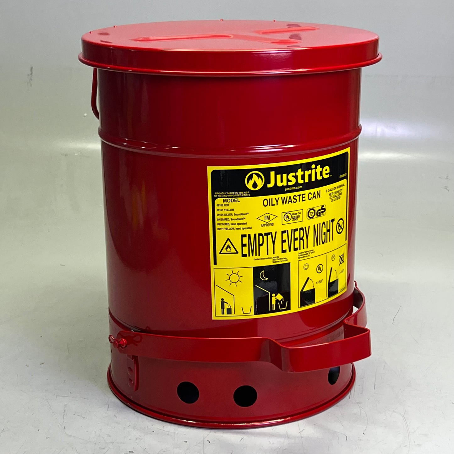 JUSTRITE Oily Waste Can 6 Gal w/ Foot Lever Red 09100