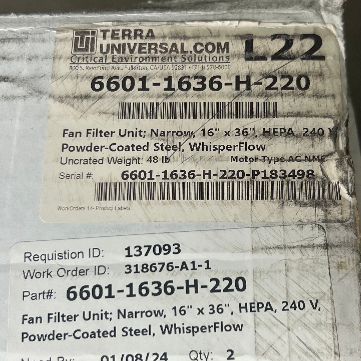 ZHB@ TERRA UNIVERSAL Whisper Flow Filtration System HEPA 240V 16"x36" White 6601-1636-H-220-P183498-3