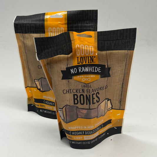 GOOD LOVIN (2 PACK) No Rawhide Dog Chews Chicken Flavored Bones 13.2oz BB 03/28